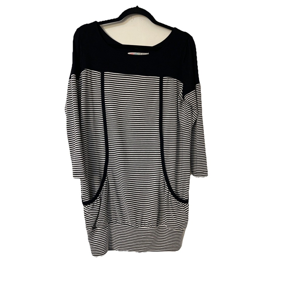 Free People Beach Sz S Striped 3/4 Sleeve Mini Ballon Dress in Black White